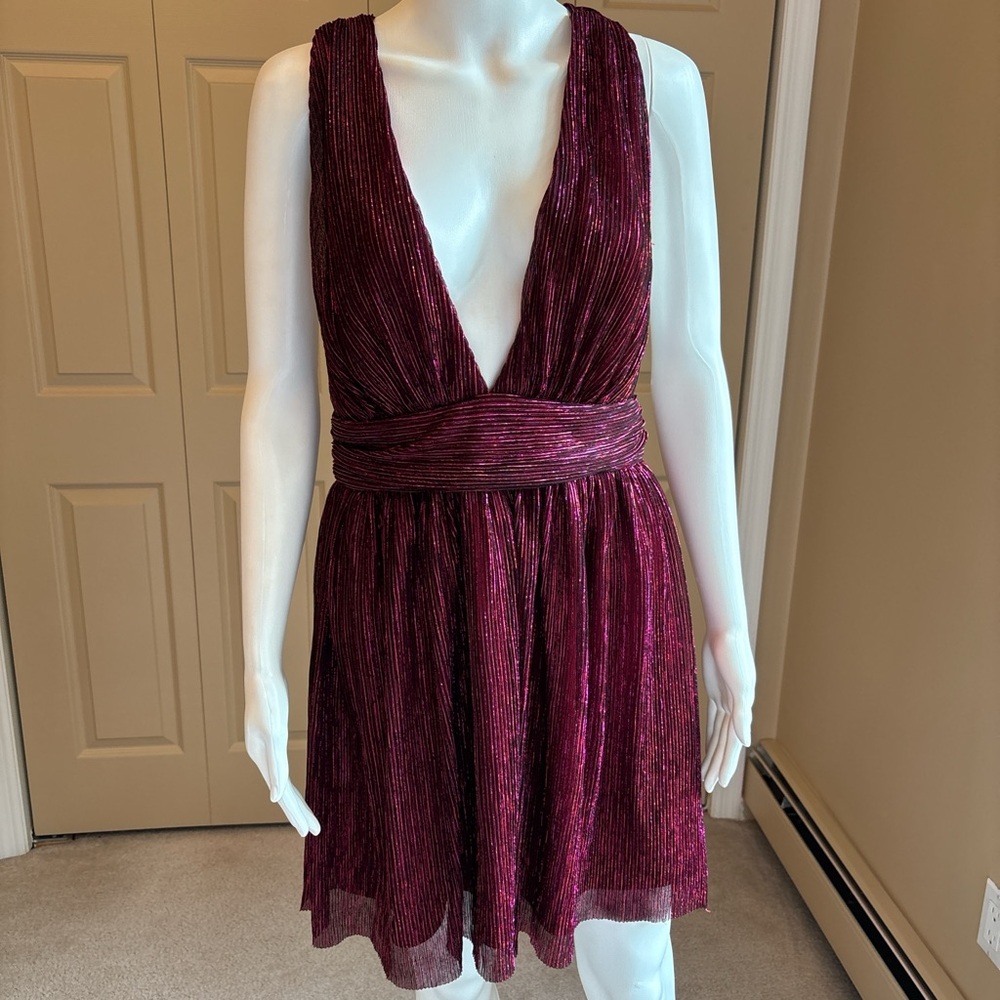 Lulu's Deep V Metallic Magenta Mini Dress